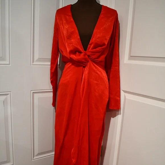 missguided red satin dress MISSGUIDED Satin Asymmetric Drape Cut Out One Long Sleeve Mini Dress ChristmasMISSGUIDED